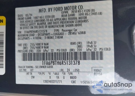 2024 Ford Mustang Ecoboost Fastback из США, поврежденный, VIN 1FA6P8TH6R5131378